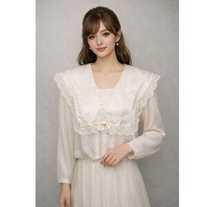 Gunne Sax Sport Jessica McClintock Satin Lace Sailor Collar Blouse Ivory Size 11